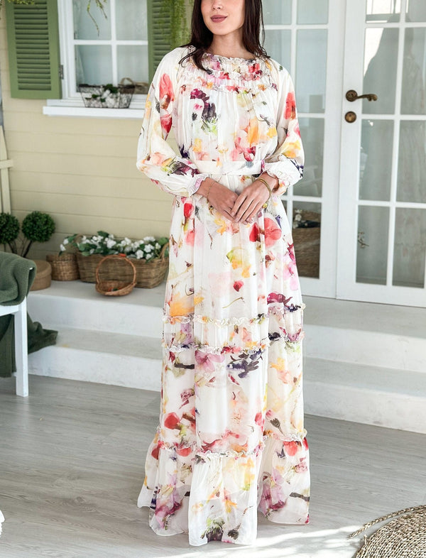 Watercolor Floral Long Dress Dresses  - Sowears