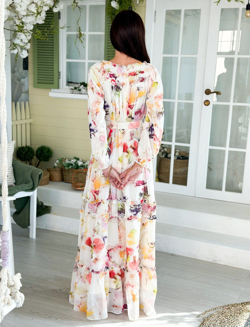 Watercolor Floral Long Dress Dresses  - Sowears