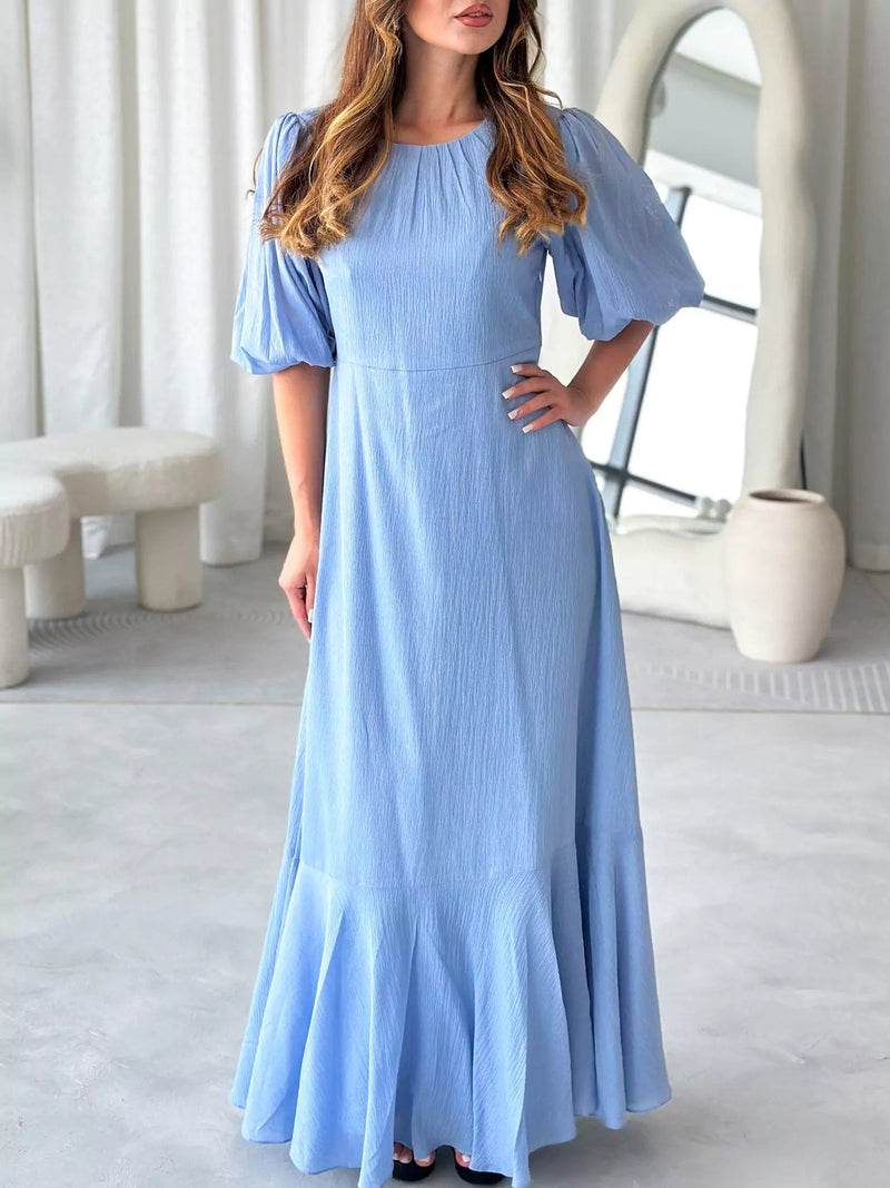 Whispering Petals Blue Solid Long Dress Dresses  - Sowears