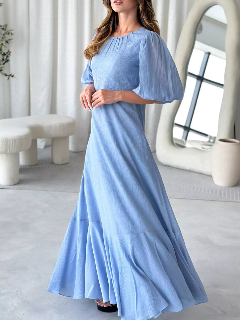 Whispering Petals Blue Solid Long Dress Dresses  - Sowears