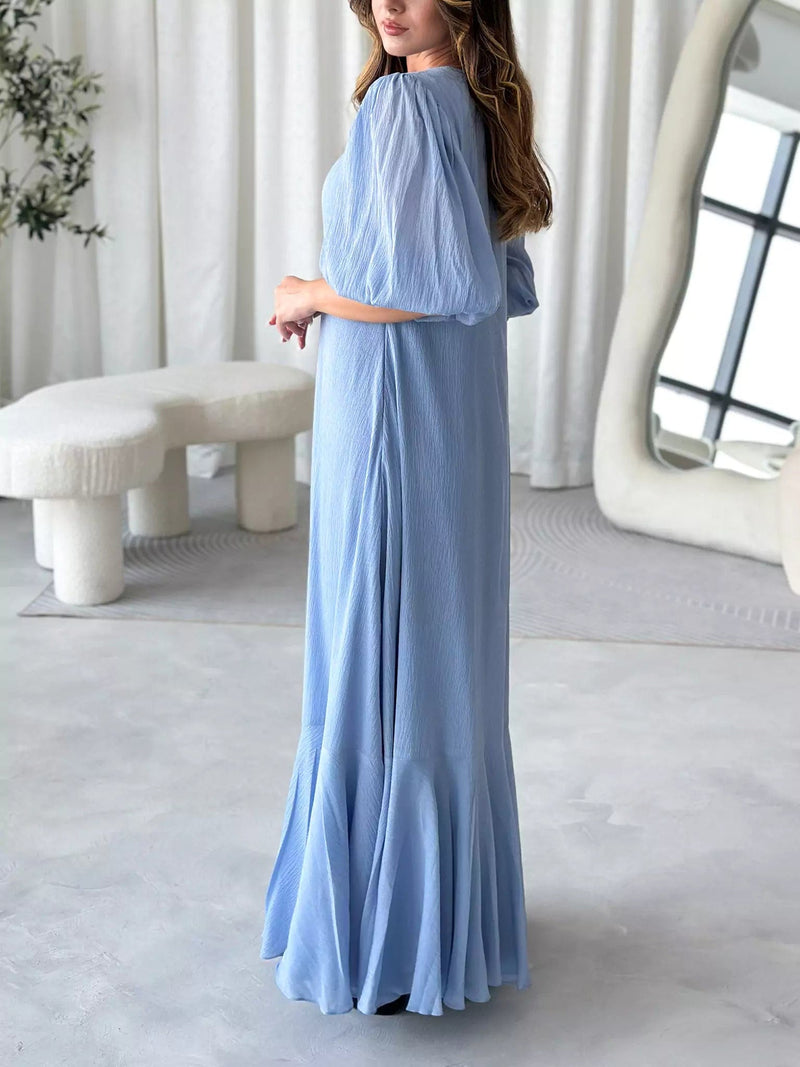 Whispering Petals Blue Solid Long Dress Dresses  - Sowears