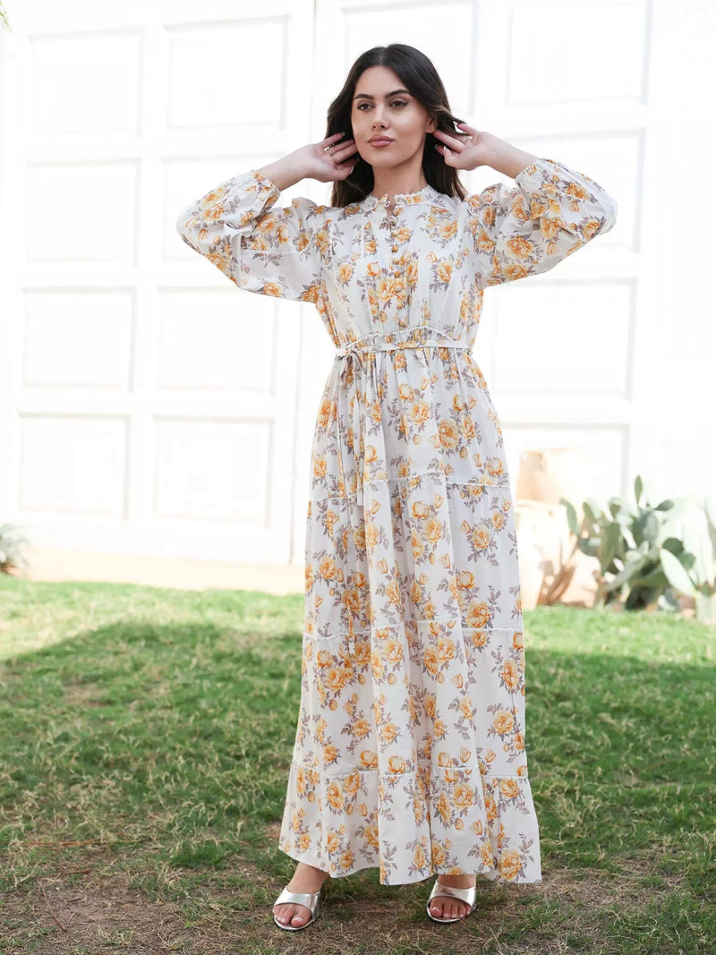 Yellow Peony Long Floral Dress Dresses  - Sowears