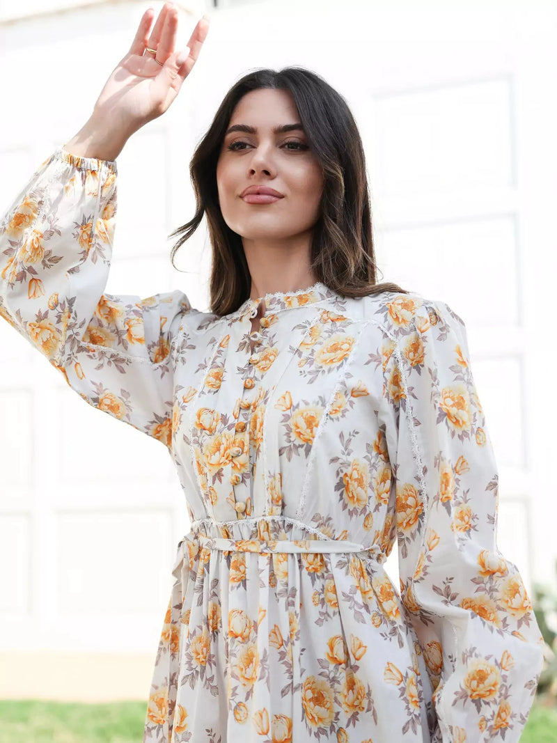 Yellow Peony Long Floral Dress Dresses  - Sowears