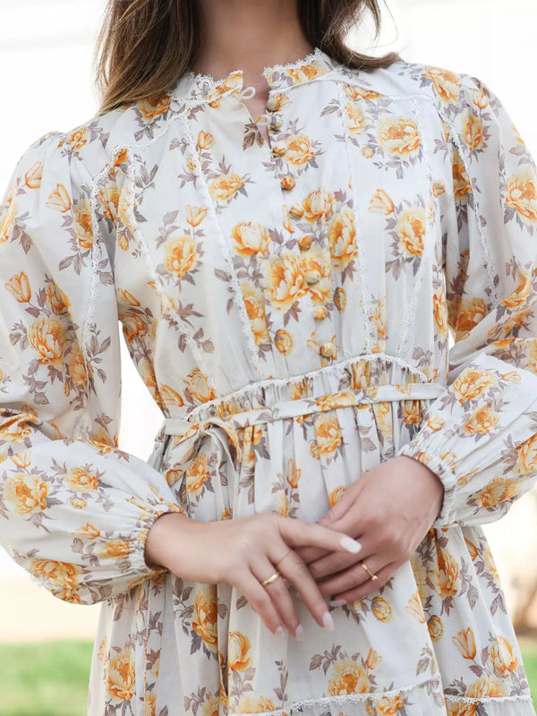 Yellow Peony Long Floral Dress Dresses  - Sowears