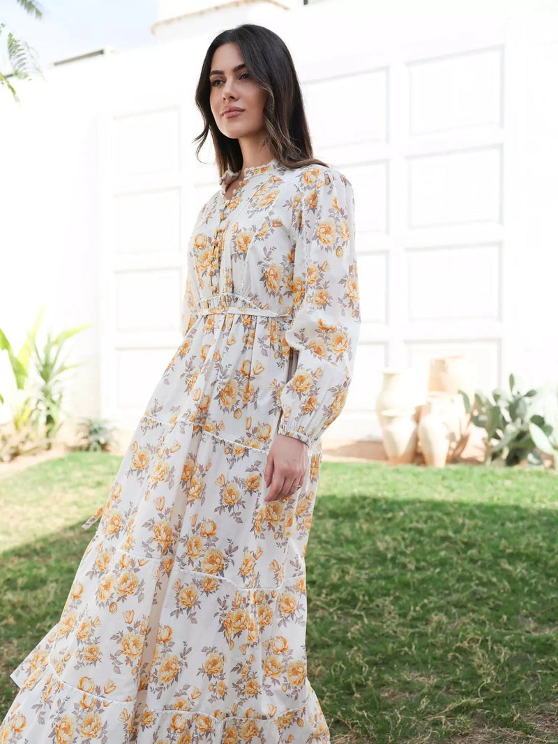 Yellow Peony Long Floral Dress Dresses  - Sowears