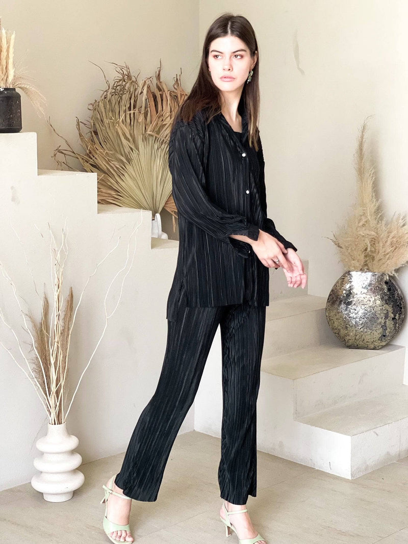 Beca Pleated Co Ord Set In Black Jumpsuits & Rompers  - Sowears