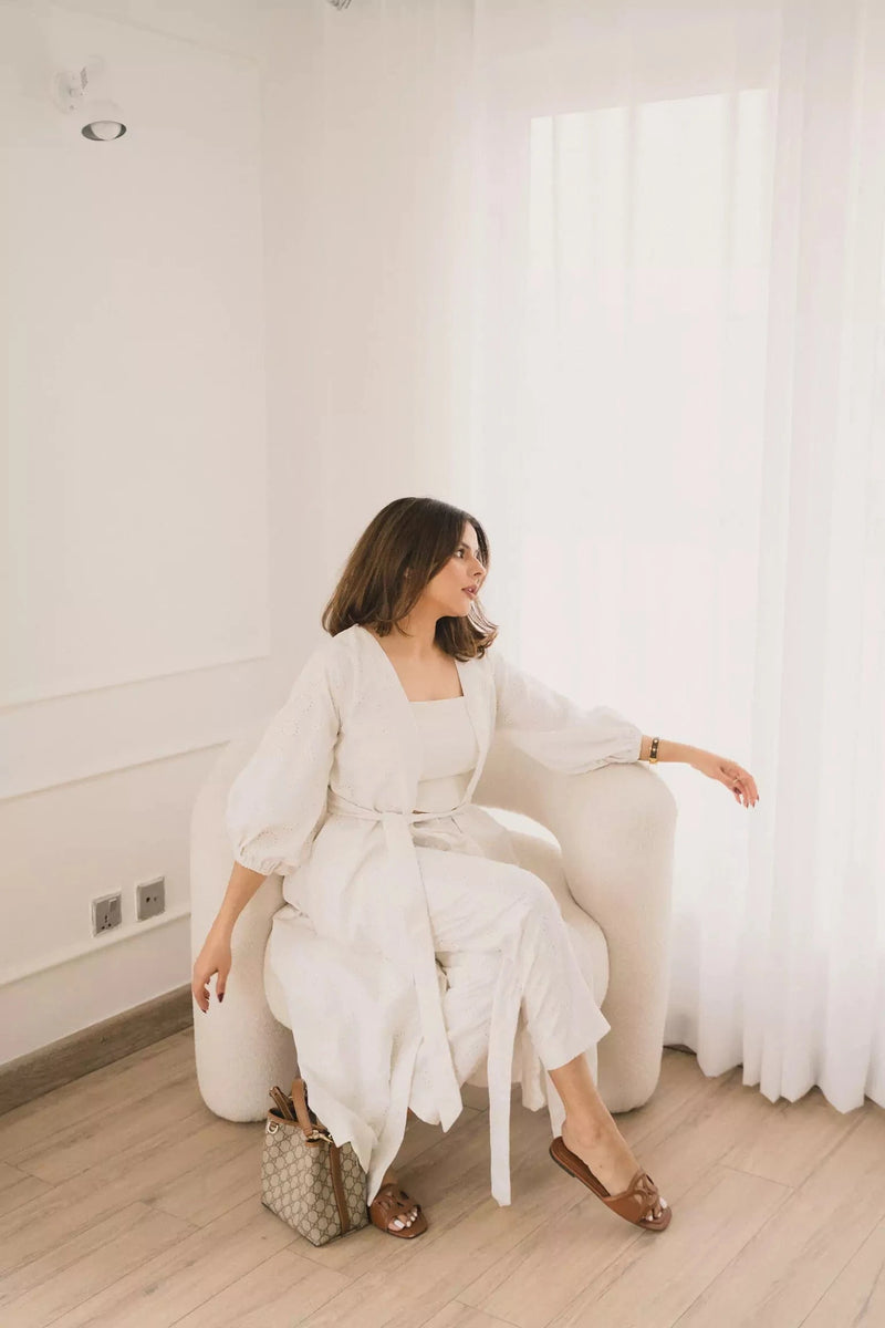 Amy Cutwork Co Ord Set In White Outfit Sets  - Sowears