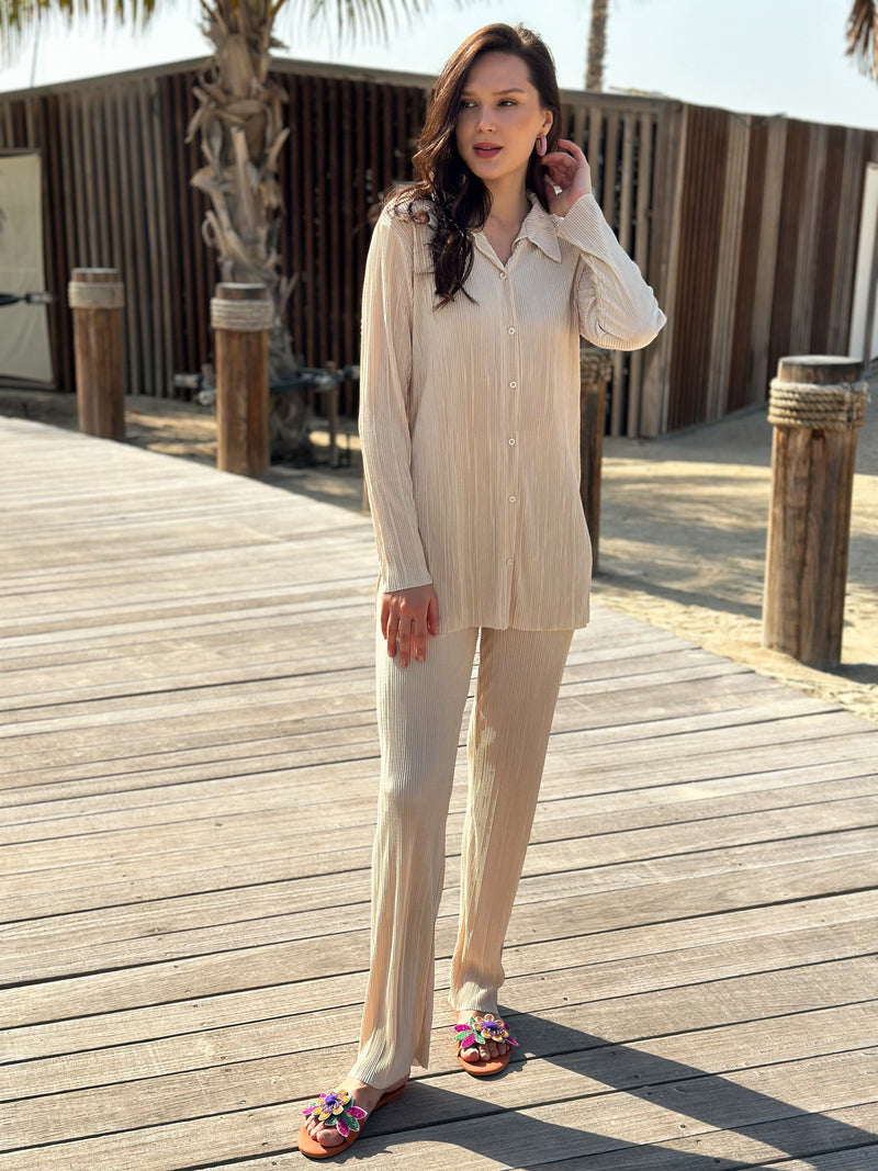 Beca Beige Pleated Co Ord Set Outfit Sets  - Sowears