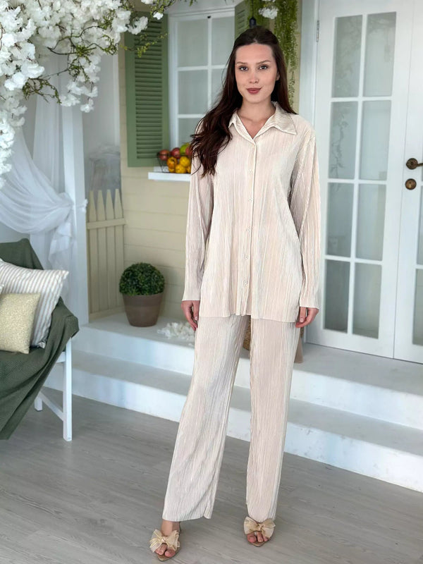 Beca Beige Pleated Co Ord Set Outfit Sets  - Sowears