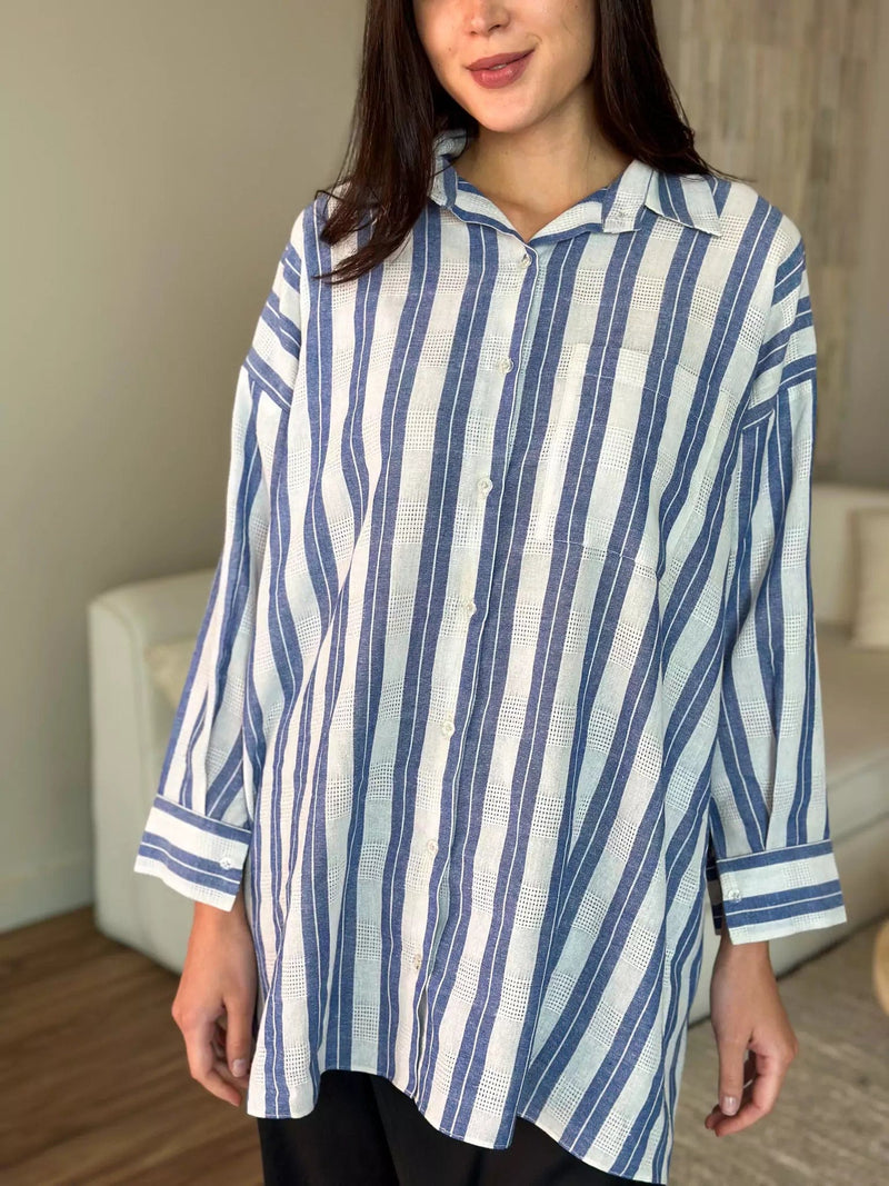 Blue Stripes Button Down Long Shirt Outfit Sets  - Sowears