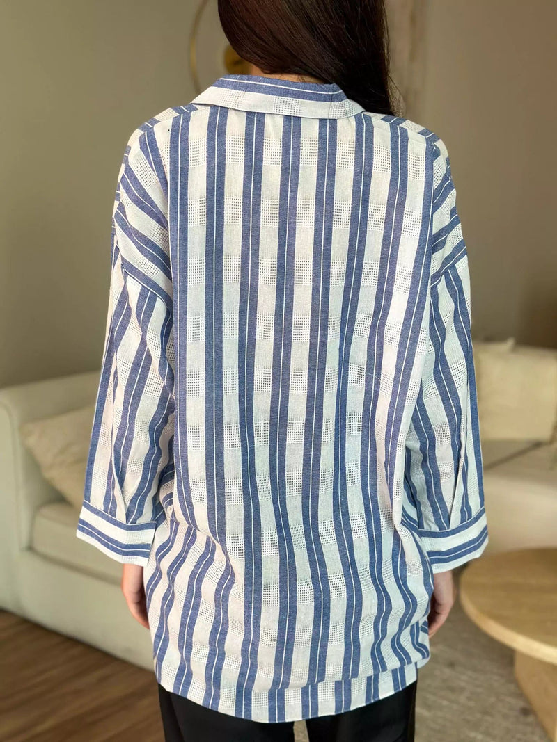 Blue Stripes Button Down Long Shirt Outfit Sets  - Sowears