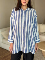 Blue Stripes Button Down Long Shirt Outfit Sets  - Sowears