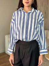 Blue Stripes Button Down Long Shirt Outfit Sets  - Sowears