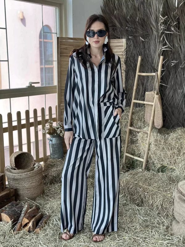 Co Ord Set In Black Streak Stripes Outfit Sets  - Sowears