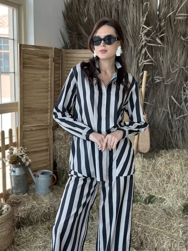 Co Ord Set In Black Streak Stripes Outfit Sets  - Sowears