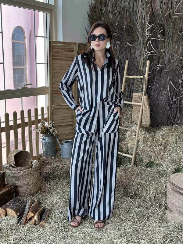 Co Ord Set In Black Streak Stripes Outfit Sets  - Sowears