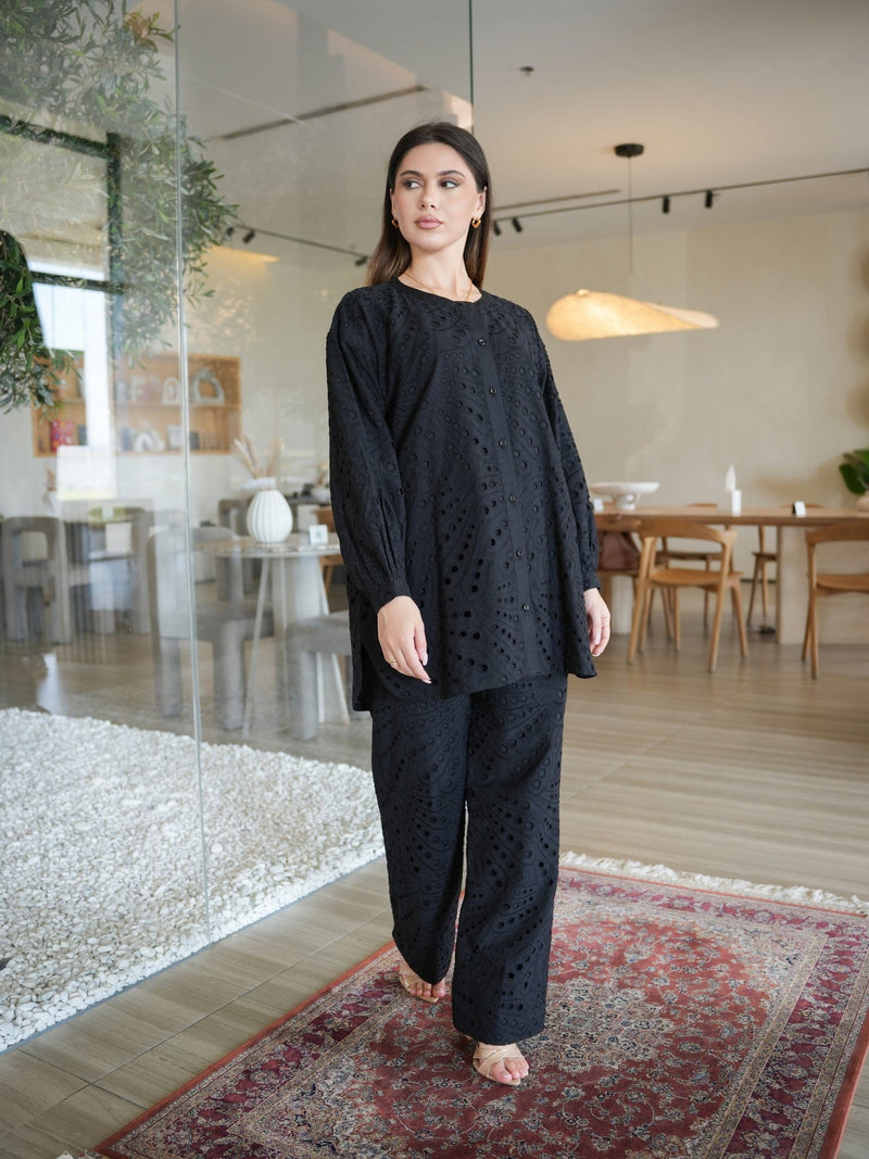 Dainty Black Cutwork Co Ord Set Outfit Sets  - Sowears