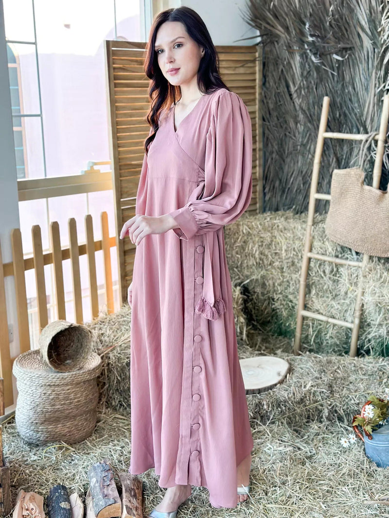 Fiery Rose Solid Long Dress Outfit Sets  - Sowears