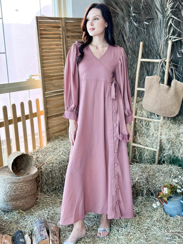 Fiery Rose Solid Long Dress Outfit Sets  - Sowears