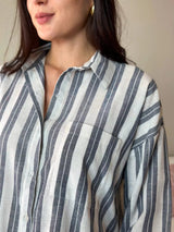 Grey Stripes Button Down Long Shirt Outfit Sets  - Sowears