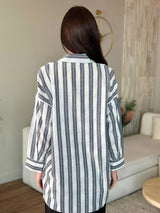 Grey Stripes Button Down Long Shirt Outfit Sets  - Sowears