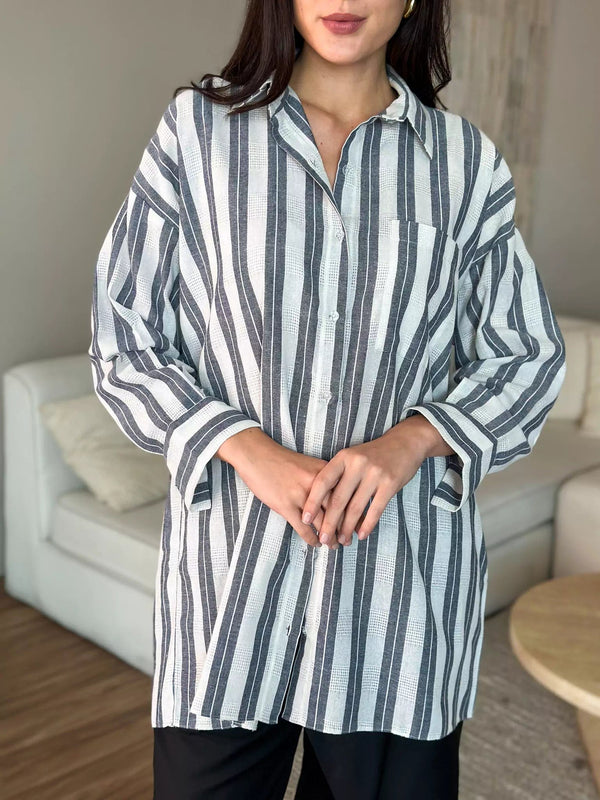 Grey Stripes Button Down Long Shirt Outfit Sets  - Sowears