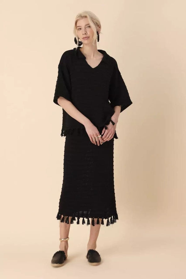 Laila Fringe Skirt And Shirt Co Ord Set - Black Outfit Sets  - Sowears