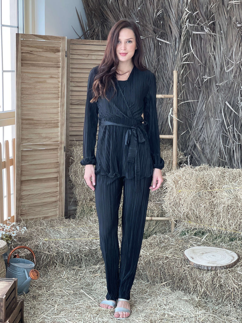 Latido Black Pleated Co-Ord Set Outfit Sets  - Sowears