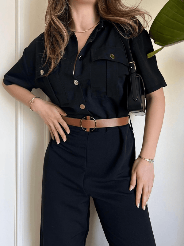 Linen Belted Jumpsuit In Black Outfit Sets  - Sowears