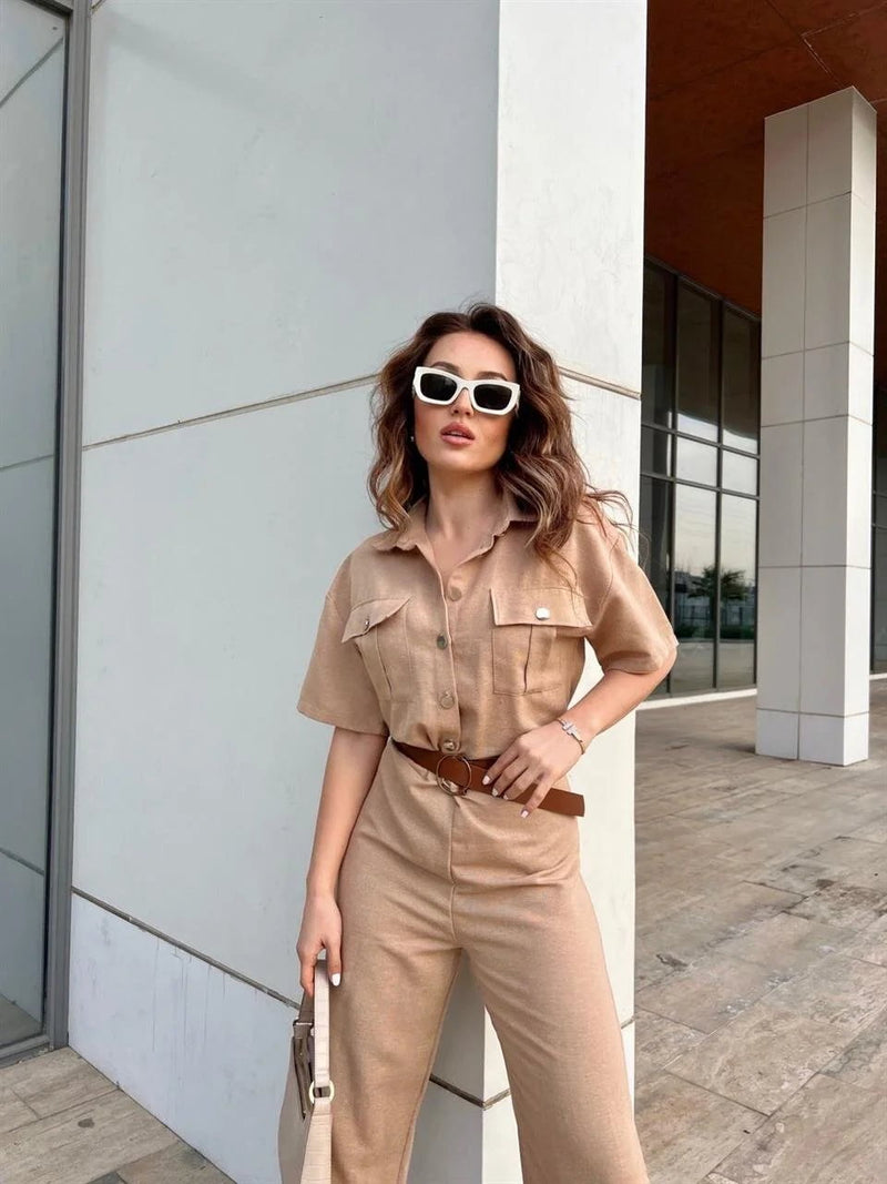 Linen Jumpsuit In Tan Outfit Sets  - Sowears