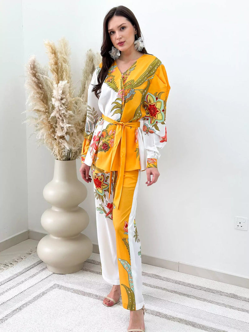 Mimosa Meadow Floral Asymmetrical Co Ord Set Outfit Sets  - Sowears