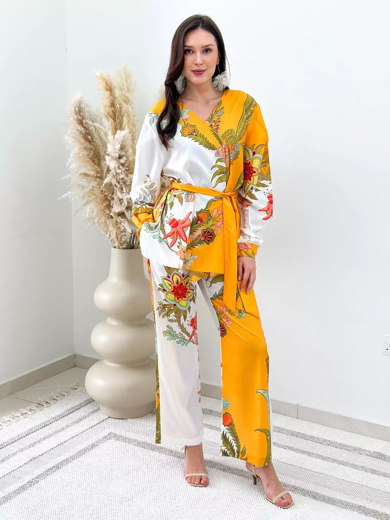 Mimosa Meadow Floral Asymmetrical Co Ord Set Outfit Sets  - Sowears