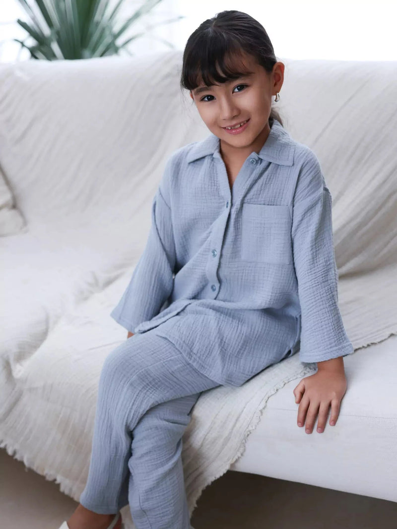 Mini Usafa Blue Muslin Co Ord Set Outfit Sets  - Sowears