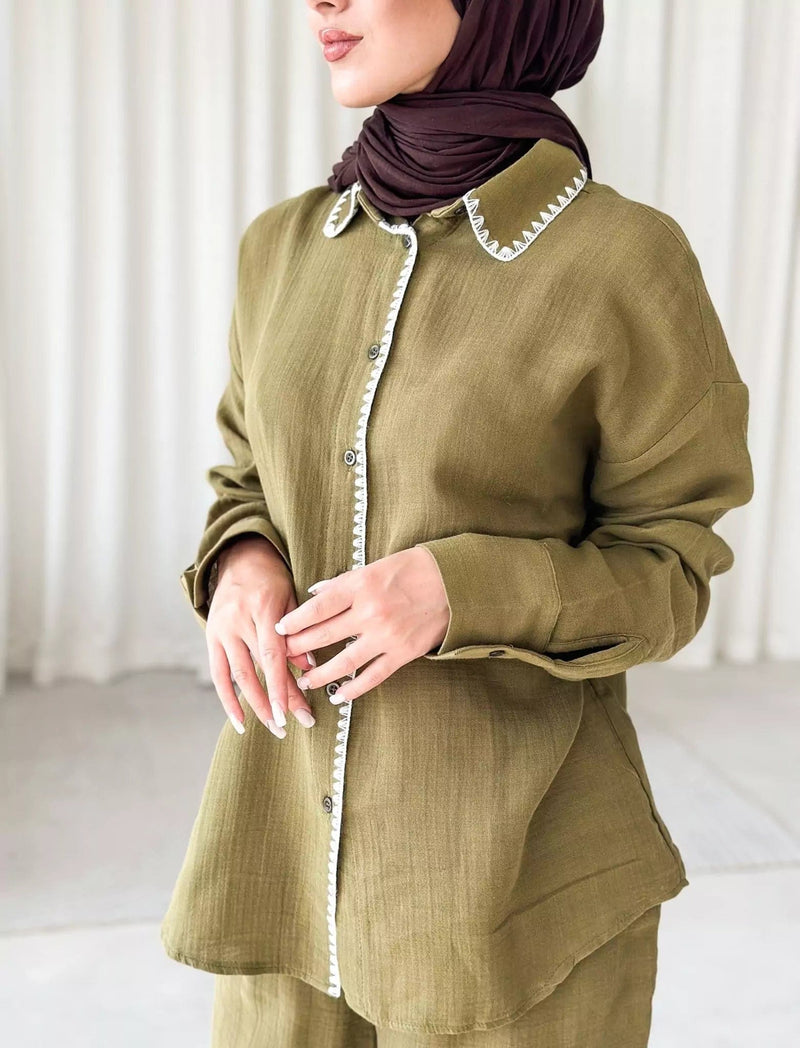 Muslin Embroidered Co Ord Green Outfit Sets  - Sowears