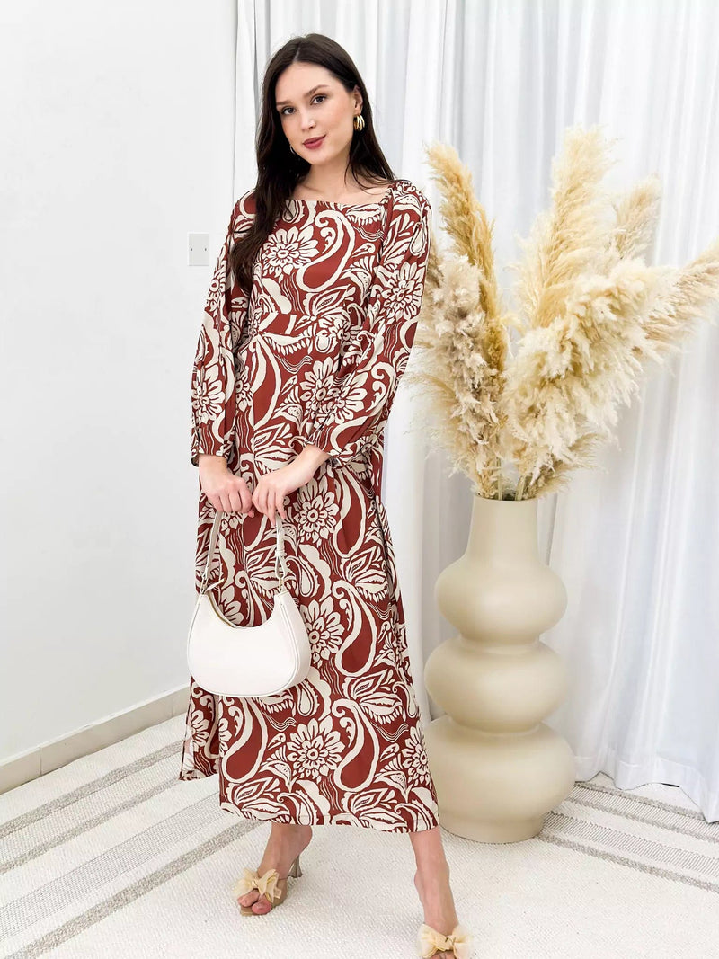 Paisley Long Dress - Brown Outfit Sets  - Sowears