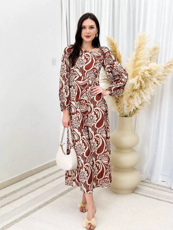 Paisley Long Dress - Brown Outfit Sets  - Sowears