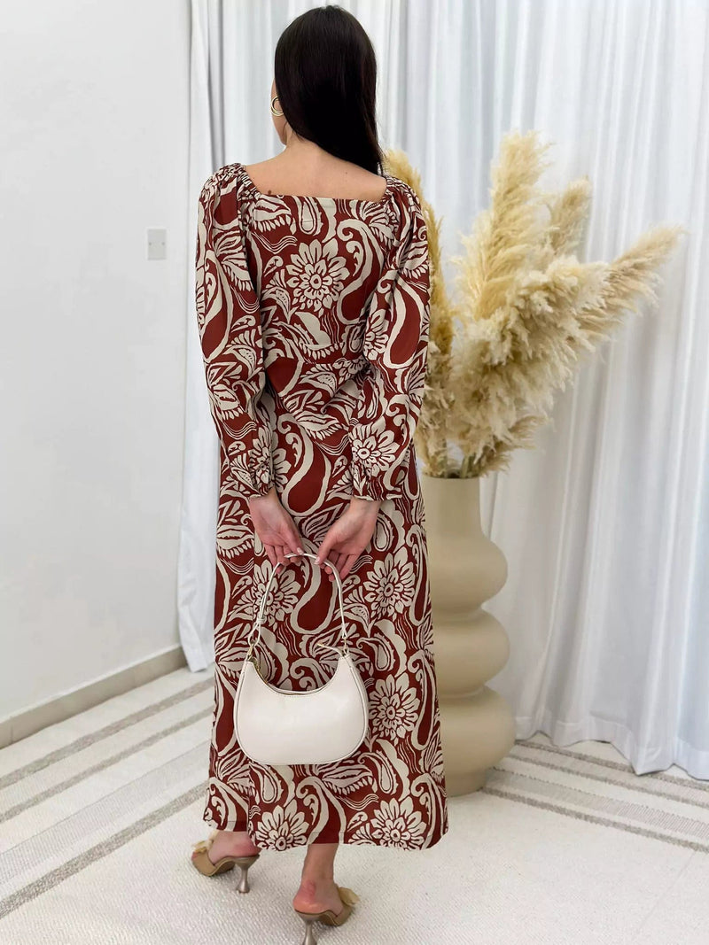 Paisley Long Dress - Brown Outfit Sets  - Sowears