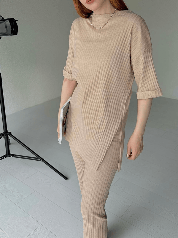Relaxed Co Ord Set - Beige Outfit Sets  - Sowears