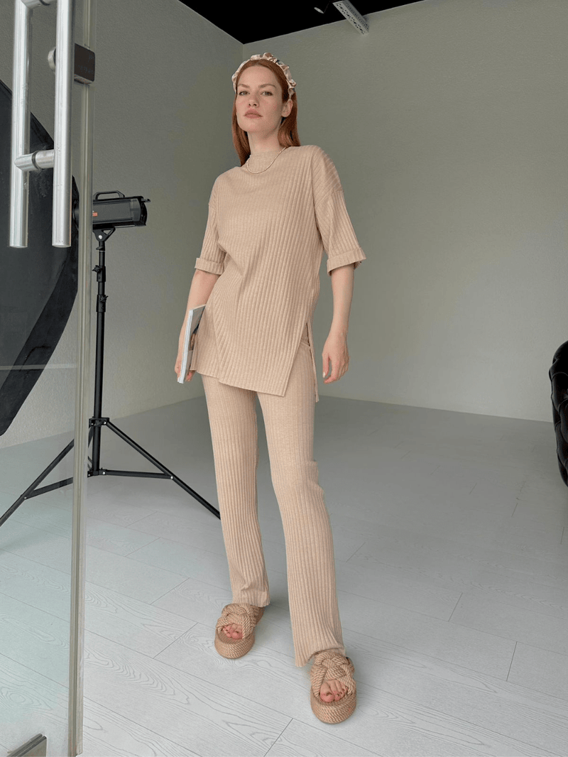 Relaxed Co Ord Set - Beige Outfit Sets  - Sowears