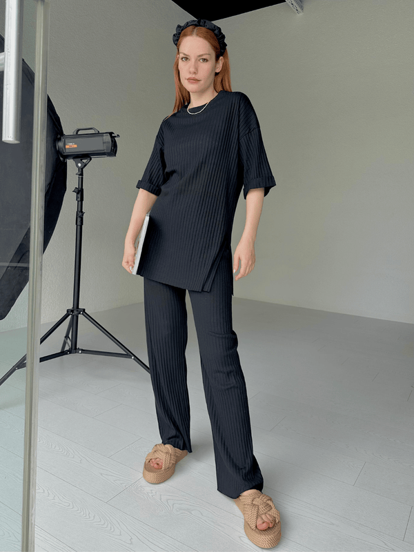 Relaxed Co Ord Set - Black Outfit Sets  - Sowears