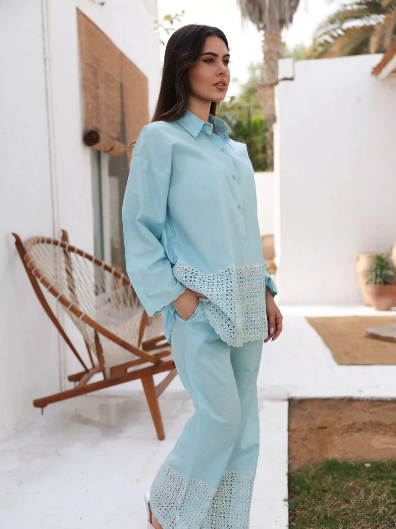 Zephyra Blue Cutwork Co Ord Set Outfit Sets  - Sowears