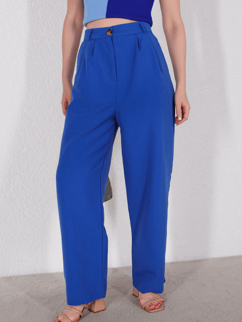 High Waist Linen Pants In Blue pants  - Sowears