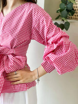 close up of pink checkered shirt by sowears