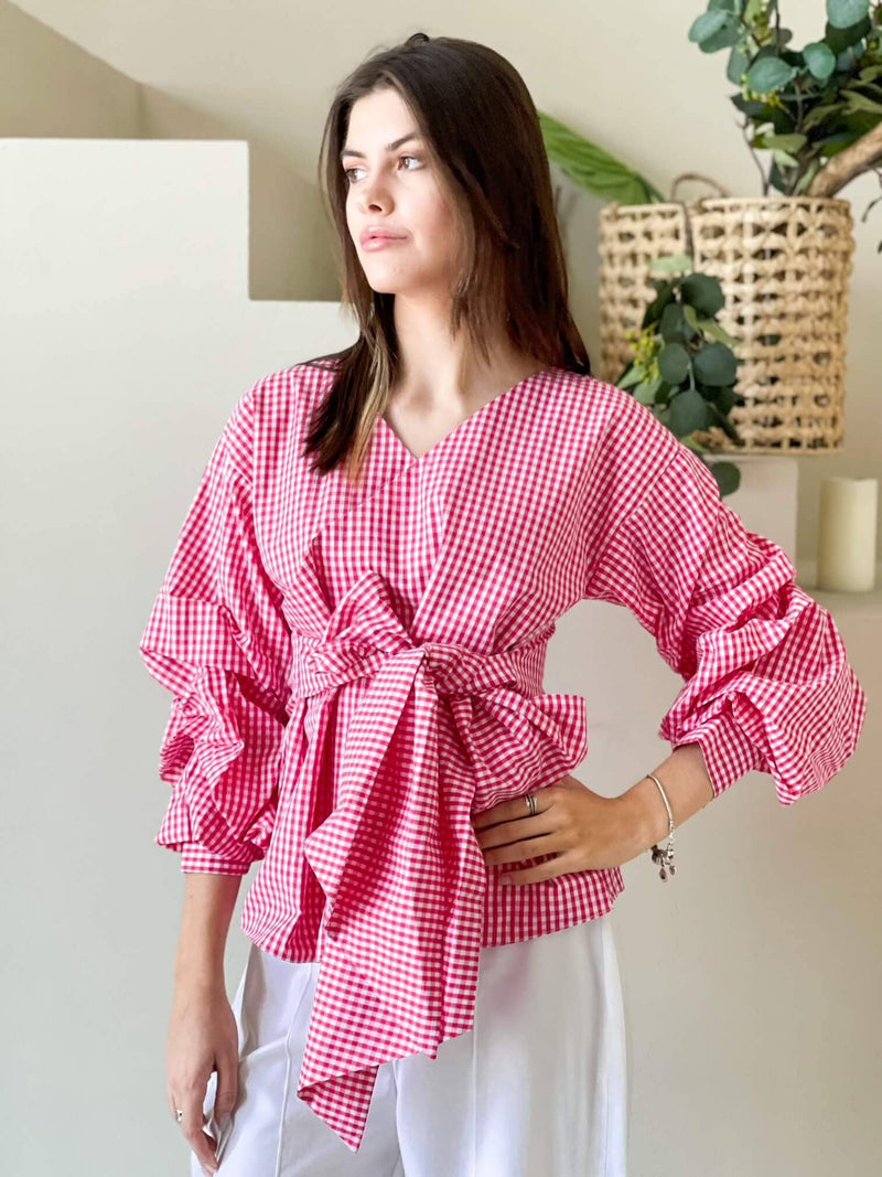 pink and white checkered shirt