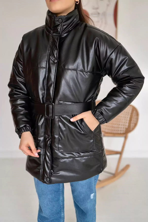 Woman's Black Leather Puffer Jacket with Belt shirts  - Sowears