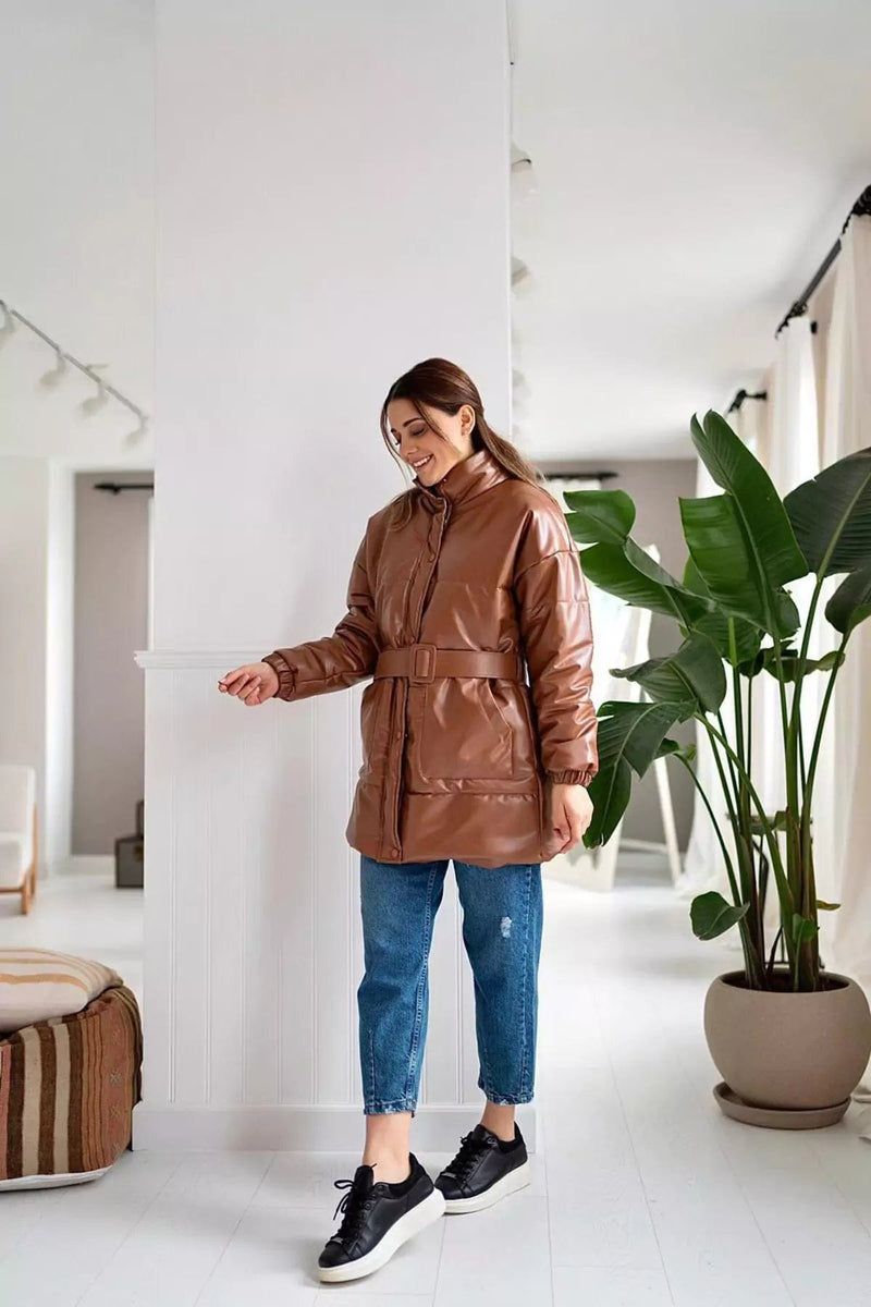 Woman's Brown Leather Puffer Jacket with Belt shirts  - Sowears