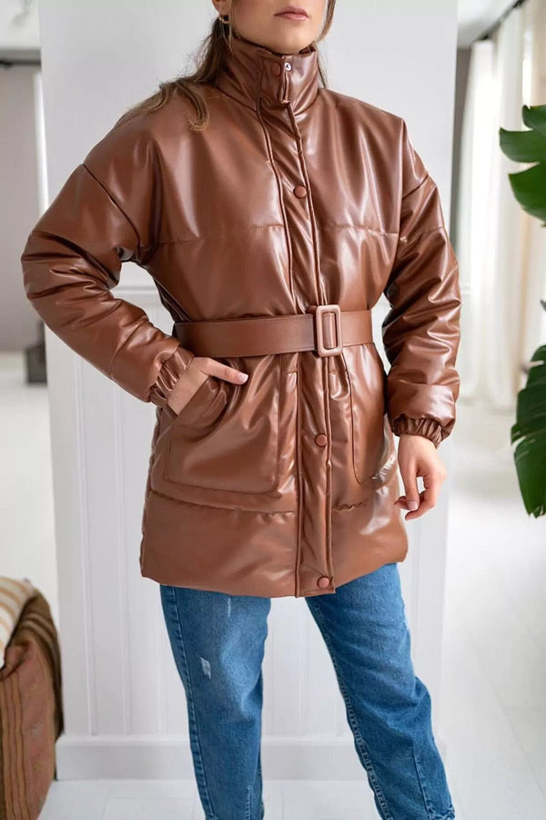 Woman's Brown Leather Puffer Jacket with Belt shirts  - Sowears