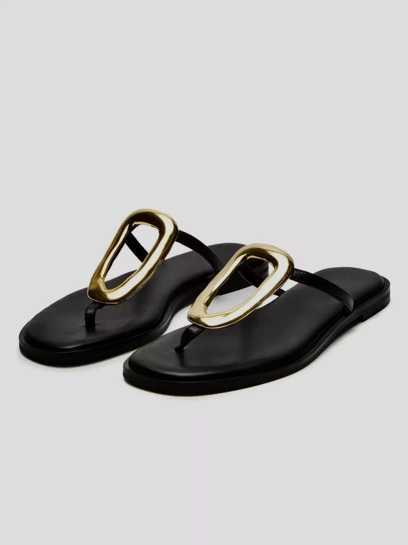 Black Oval Buckle Flats Shoes  - Sowears