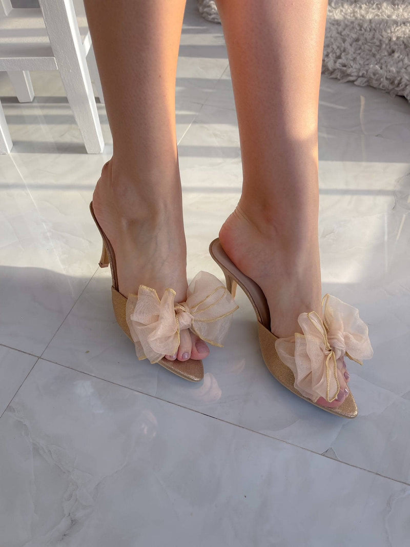 Champagne Heels With Bow Details Shoes  - Sowears