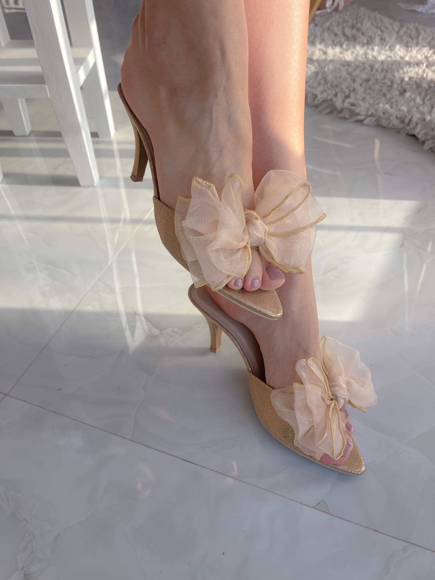 Champagne Heels With Bow Details Shoes  - Sowears